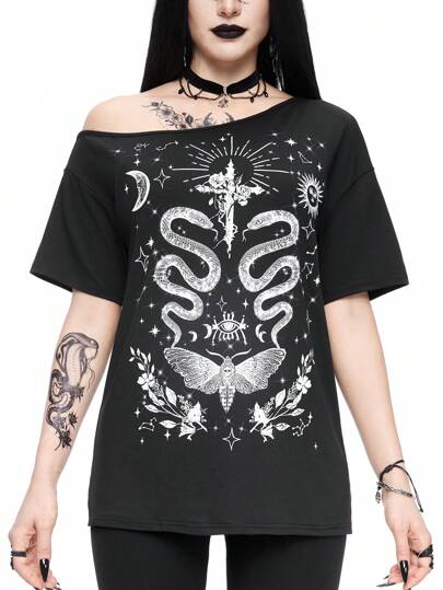 Goth T-shirt d'épaule unique ample avec motif déchiré de vignes vintage imprimées pour le printemps / été inspiré de la sous-culture punk grunge Y2K