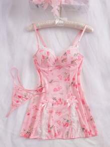 2pcs/Set Women's Floral Printed Contrast Lace Cami Sleep Dress And Thong Set Lingerie - Pink - View 5