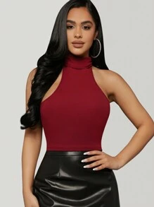 Hauture Top corto de punto acanalado con cuello halter en 2 formas - Rojo - Ver 4