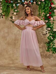 Sexy Chiffon Ruffled Maternity Cami Elegant Dress, For Party - Pink - View 3