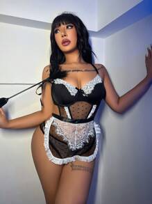 Plus Size Women's Splice Lace Butterfly Decor Sexy 3-Piece Set Including Cami, Pants, And Headband - Black - View 4