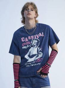 Manfinity Denimwave Camisa de mezclilla de manga corta y ajuste holgado con lavado decolorado de copos de nieve en azul mediano para hombre con estilo callejero retro Y2K