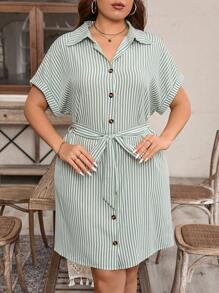 SHEIN LUNE Plus Size Women's Striped Printed Short Sleeved Dress - Green - View 5