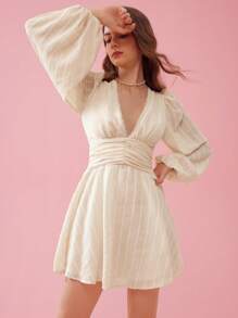 Enchnt Women's Yellow Summer Holiday Elegant Solid Color Lantern Sleeve Waist-Cinching Dress