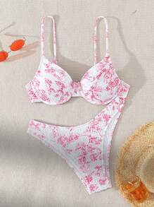 SHEIN Swim Women Bikini Set Random Print Underwire Design Summer Beach Vacation Bikini Set - Pink - View 3