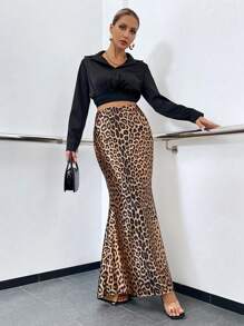 Glamine Falda larga tipo cola de sirena con estampado de leopardo para el atuendo de mujer