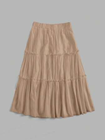 Falda larga con volantes fruncidos de unicolor, versátil y casual