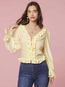 Enchnt Women's Fashionable Ruffle Sleeve Shirt With Frilled Edges - Yellow - View 4