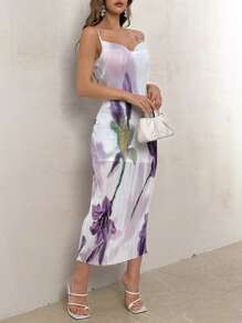 SHEIN Privé 女式優雅花卉印花V領細肩帶連身裙，腰部收緊設計，適合夏季日常穿著、度假、約會和海灘服裝 - 彩色 - 查看 7