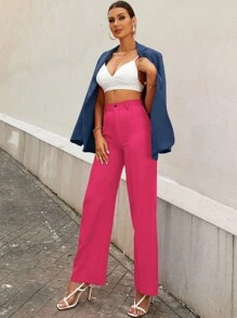 EURMUSE Solid High Press Crease Pants - Hot Pink - View 1