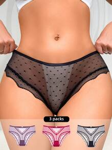 Chiloți triunghi transparente pentru femei, cu imprimeu cu buline, din dantelă, mozaic (3 buc/set)