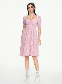 ROMWE Kawaii Women's Casual Plaid Sweetheart Collar Cinched Waist Dress, Summer