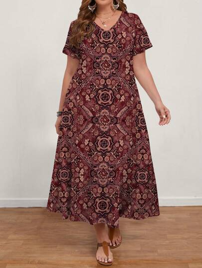 EMERY ROSE 女式大码复古休闲印花 V 领短袖连衣裙，带口袋，适合夏季