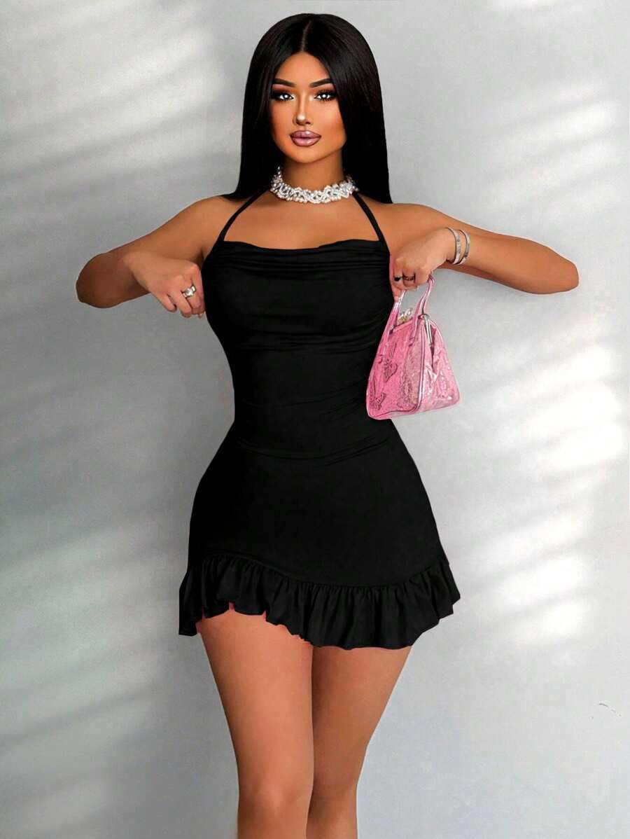 Zolique Váy không tay hở lưng màu trơn dành cho nữ cho mùa hè, Váy gợi cảm thường ngày cho nữ - màu đen - Xem 1