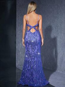 Mgiacy 亮片 V 领露背交叉肩带美人鱼紧身连衣裙，带喇叭下摆优雅舞会半正式婚礼宾客礼服，适合生日、毕业典礼、返校节 - 藍色 - 查看 2