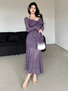 DAZY Vestido de encaje de manga larga para fiesta/boda/formal, con volantes, vestido de otoño para mujer - Morado - Ver 6
