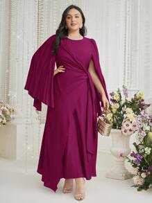 Modelyn Plus Size Women's Summer Solid Color Round Neck Split Casual Long Elegant Dress Long Evening Dresses - Hot Pink - View 6