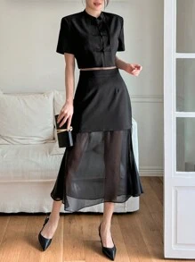 DAZY Ladies' Plain Color Suit Jacket & Skirt Two-Piece Set - Black - View 4