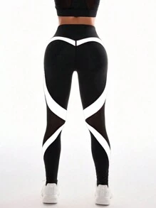 Easithlete 拼色透明網眼拼接運動打底褲 - 黑與白 - 查看 4