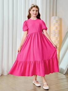 Vestido elegante para niña preadolescente con mangas cortas plisadas, de unicolor y cuello redondo, para primavera y verano - Morado - Ver 4
