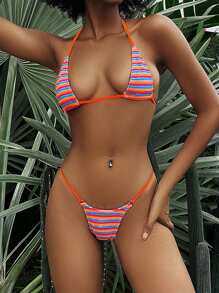 Women's Striped Halter Neck Bikini Set For Summer Beach - Multicolor - View 3