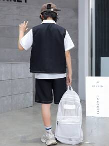 SHEIN 3入組男款黑色背心、白色短袖衬衫和黑色短裤，適用於少年休閒裝 - 黑色 - 查看 2