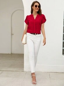 SHEIN Clasi 春季心形印花花瓣袖 V 领夏季海滩女式衬衫、短袖上衣