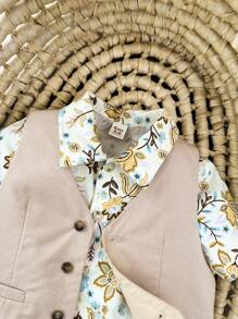 Cozy Pixies Conjunto de 3 piezas para bebé niño que incluye camisa polo de manga corta con estampado floral, chaleco de unicolor y pantalón corto informal - Albaricoque - Ver 6