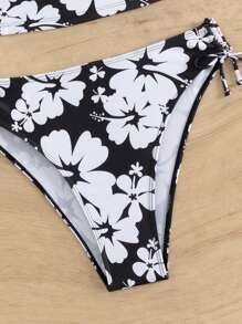 SHEIN Swim 女士花卉印花領口連肩背心泳衣套裝，完美適用於夏季海灘度假，夏季海灘 - 黑與白 - 查看 4