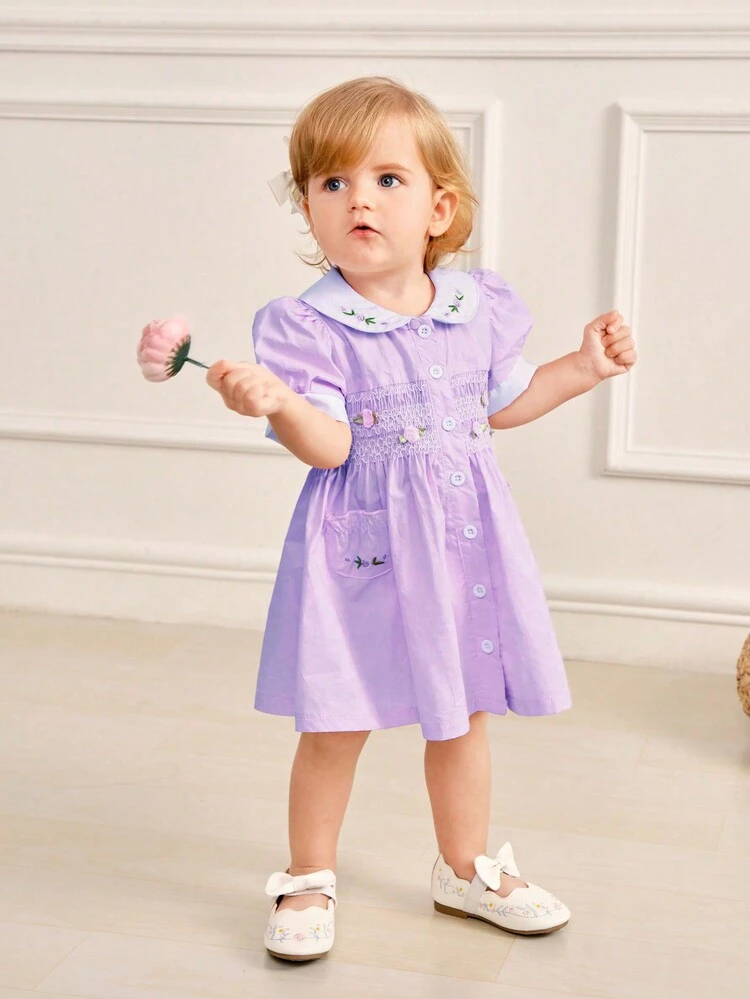 Baby Girls' Elegant  Vintage Rose Embroidery Pleated Peter Pan Collar Dress, Suitable For Spring And Summer Outings