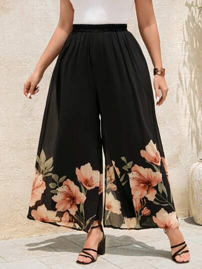 SHEIN Clasi Plus Size Black Chiffon Overlay Pants With Footprints Printing