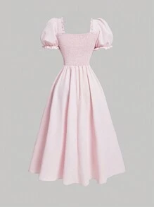 SHEIN MOD Summer Rave Festival Many Ways To Wear Pink Puff Sleeve Dress With Asymmetrical Hem, Ruched Front And Back, Long In The Back And Short In The Front - Pink - View 4