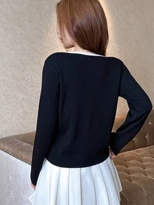 Women's V-Neck Double-Breasted Contrasting Trim Long Sleeve Cardigan - Black - View 2