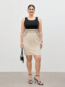 BizChic Plus Size Sleeveless Elegant Colorblock Patchwork Dress Business Women Clothes - Black - View 7