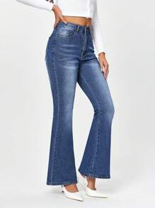 SHEIN EZwear Jeans A Zampa Da Donna Con Tasche, Perfetti Per Il Lavoro Quotidiano E Per I Pendolari - Blu - Visualizzare 7