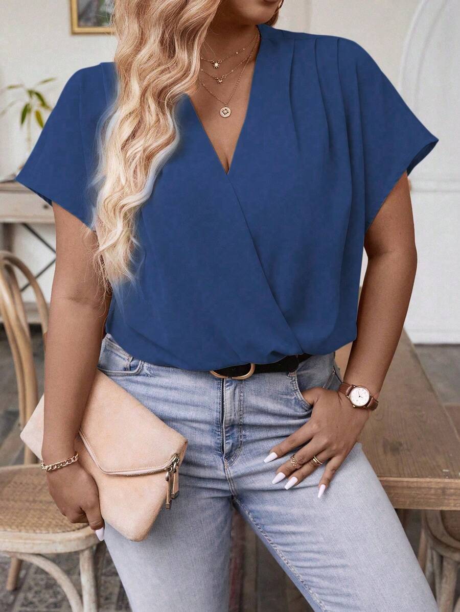 Celure Áo sơ mi tay cánh dơi cổ chữ V thông thường mùa hè cỡ lớn - Xanh đậm - Xem 1