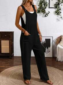 EMERY ROSE Loose Washed Wrinkled Jumpsuit With Front Pocket And Shoulder Strap - Black - View 5