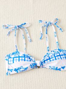 Swim Mod Women's Fresh Floral Patchwork Design Swimwear Set Summer - Blue and White - View 3