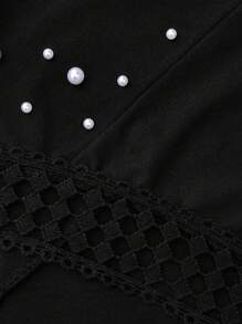 大碼女款純色V領短袖T卹，假珍珠裝飾，夏季 - 黑色 - 查看 4