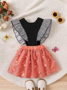 SHEIN Young Girl Cute And Fun 3D Butterfly And Big Lace Border Suspender Skirt, Mini Skirt - Pink - View 2