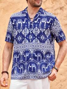 Manfinity VCAY Lightweight, Breathable Casual Vacation Men's Beach Shirt - Navy Blue - View 1