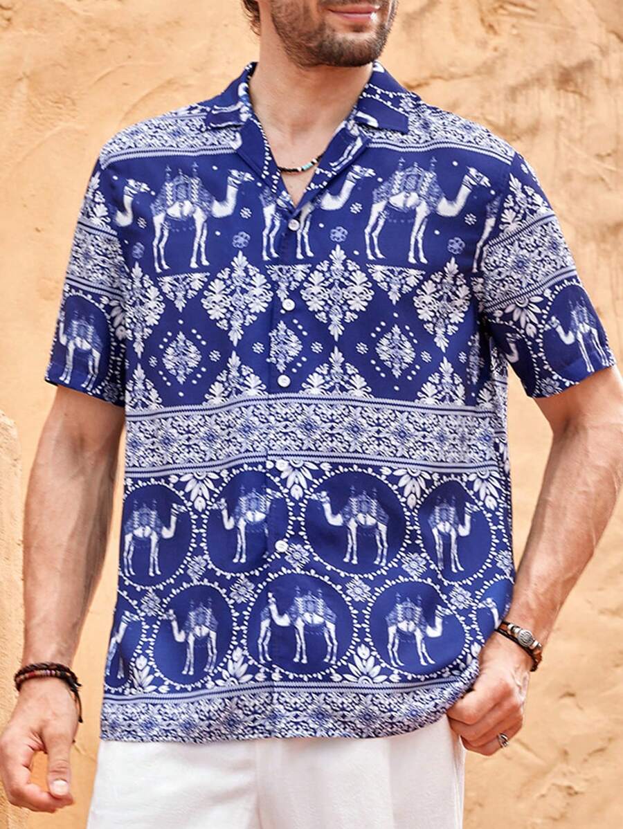 Manfinity VCAY Lightweight, Breathable Casual Vacation Men's Beach Shirt - Navy Blue - View 1