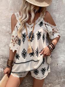 SHEIN Clasi Bộ áo và quần short in họa tiết mùa hè cổ chữ V dành cho nữ - Màu be - Xem 1