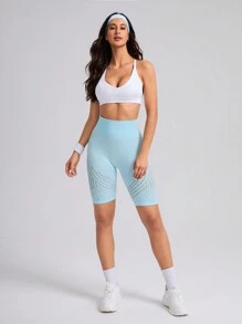 Slayform Solid Color Hollow-Out Seamless High Waist Sports Shorts - Baby Blue - View 4