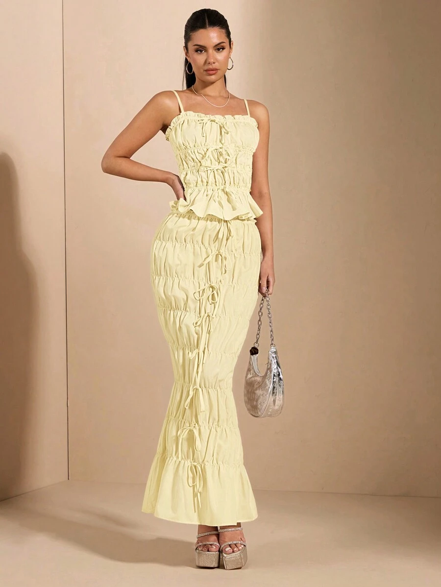 SHEIN BAE 白色扇形边裹身裙，蝴蝶结装饰，性感甜美风格，适合日常穿着 - 黃色 - 查看 1