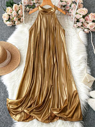 DreamSkyne Plus size kvinnors eleganta metallstruktur ärmlös festklänning för nyårsfestkläder