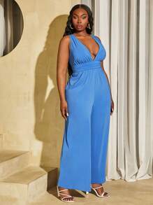 SHEIN SXY Bộ đồ liền thân cạp chun cổ chữ V sâu cho nữ cỡ lớn, hoàn hảo cho buổi tối hẹn hò, thích hợp cho mùa hè, buổi tối hẹn hò, sinh nhật, trang phục tiệc độc thân, thường ngày, mua sắm, dạo phố, đi chơi, nghỉ mát, bãi biển, dễ phối đồ và trông thon gọn, tôn dáng - Màu xanh lam - Xem 1