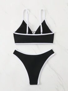 女士夏季海灘對比色環形連接性感比基尼套裝 - 黑與白 - 查看 2
