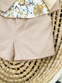 Cozy Pixies Conjunto de 3 piezas para bebé niño que incluye camisa polo de manga corta con estampado floral, chaleco de unicolor y pantalón corto informal - Albaricoque - Ver 5
