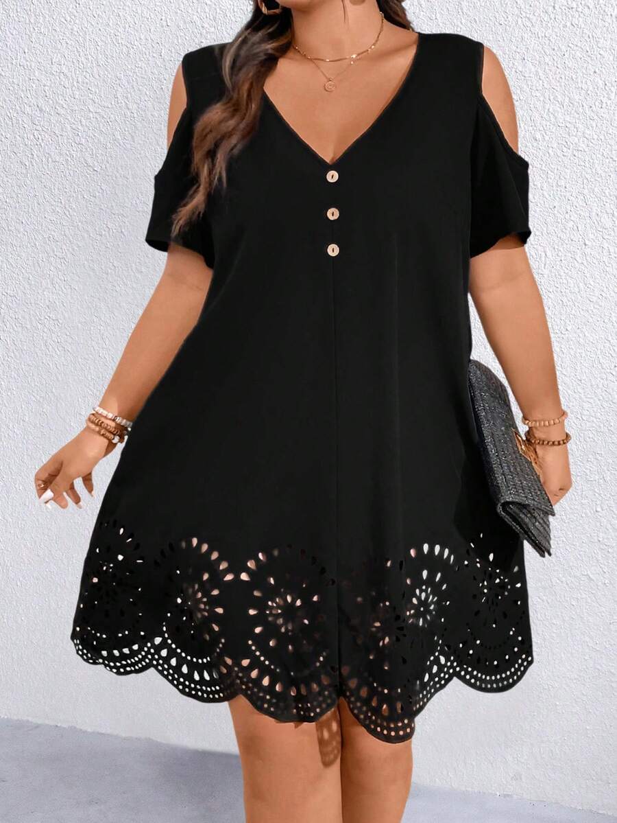 SHEIN Holidaya Plus Size Off Shoulder V-Neck Casual Summer Holiday Dress - Black - View 1